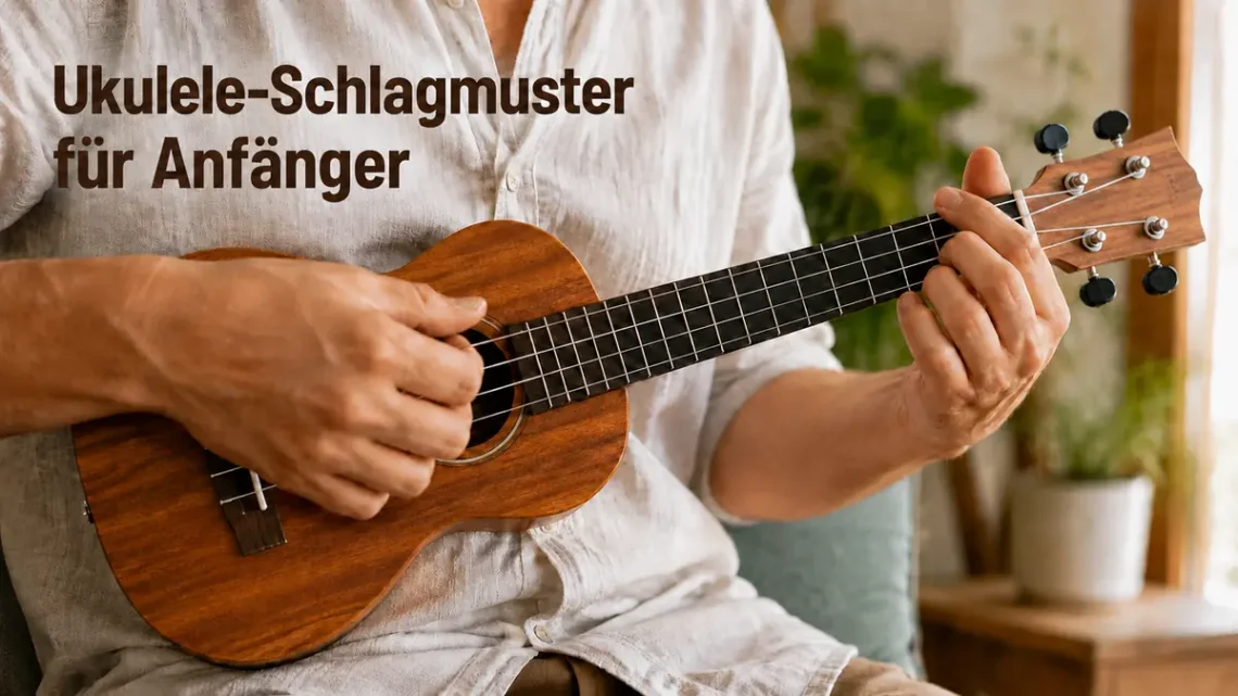 Hand spielt ein Schlagmuster auf einer Ukulele