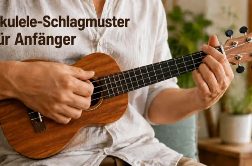 Hand spielt ein Schlagmuster auf einer Ukulele