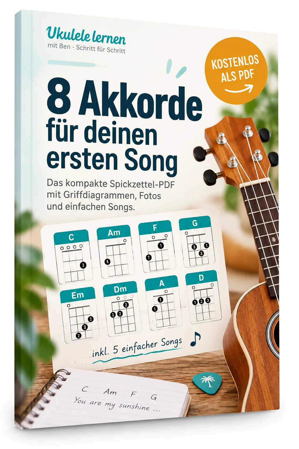 Cover des Ukulele-Spickzettels „8 Akkorde für deinen ersten Song“